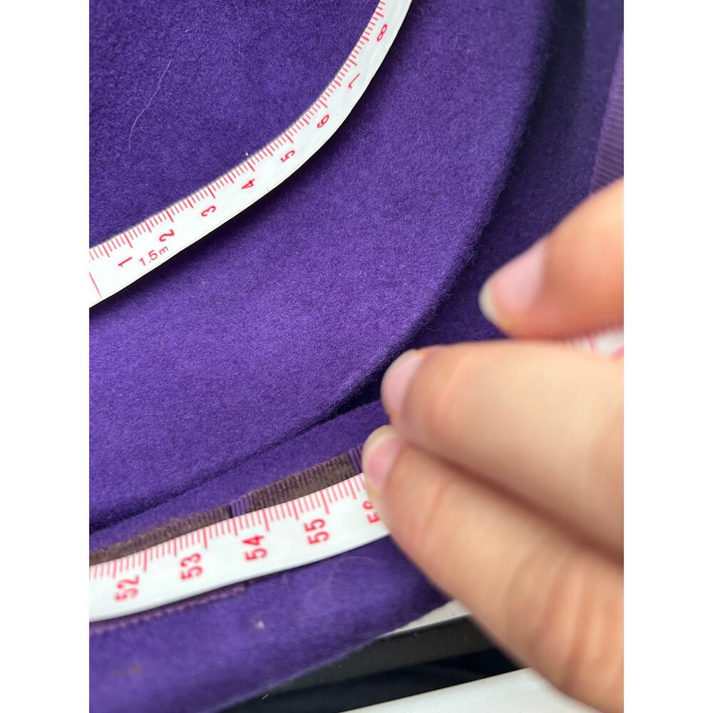 Vintage 80s Purple Wool Felt Pillbox Hat Olive Velvet Rosette Flowers 56cm Sz M - Picture 9 of 13